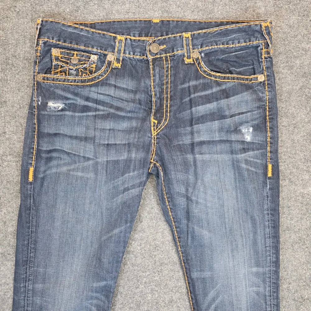 True Religion Geno Jeans Men 42W X 33L Blue Slim Fit Distressed Flap Pocket